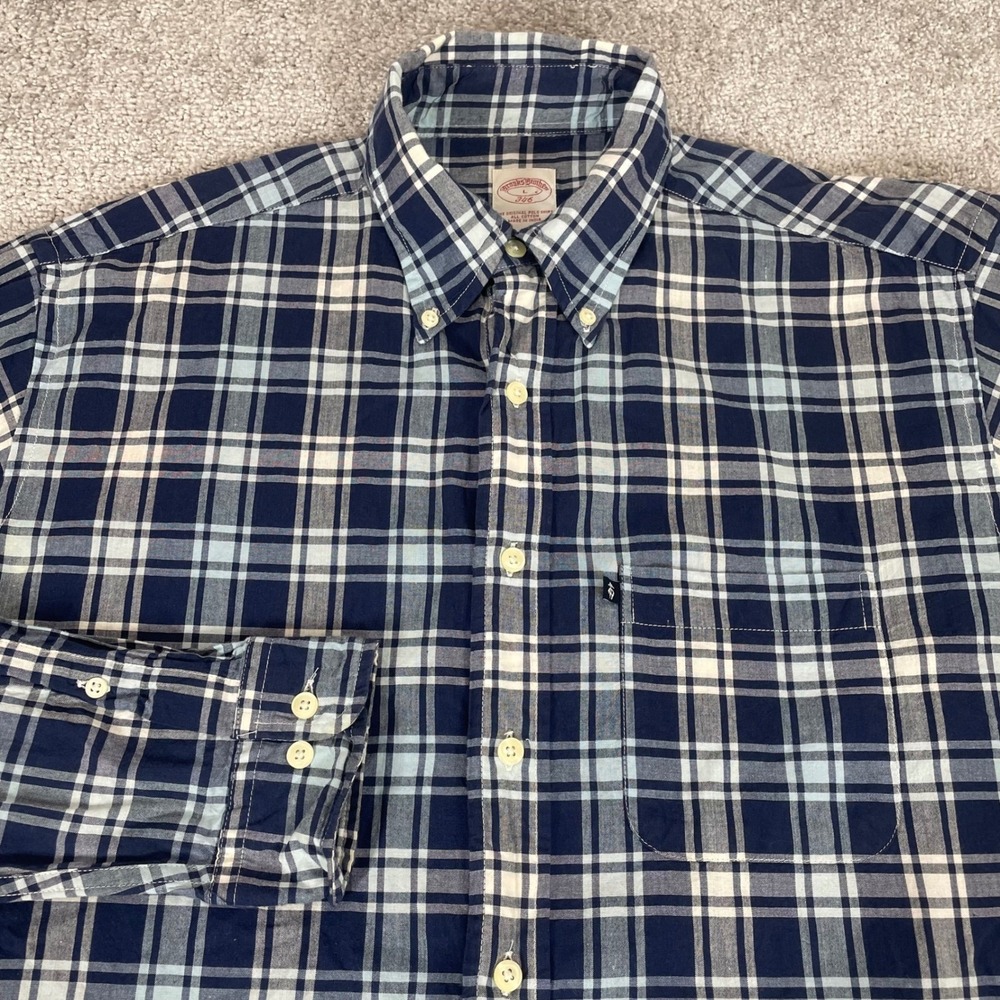 Brooks Brothers Button Down Shirt Mens Large Plaid Cotton Navy Blue
